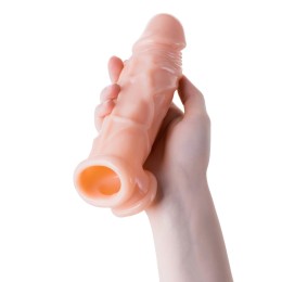 Телесная насадка на пенис с фиксацией мошонки - 18,5 см.