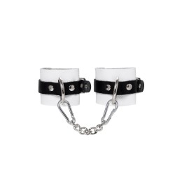 Бело-черные кожаные наручники с одним ремешком с люверсами