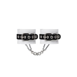 Бело-черные кожаные наручники с одним ремешком с люверсами