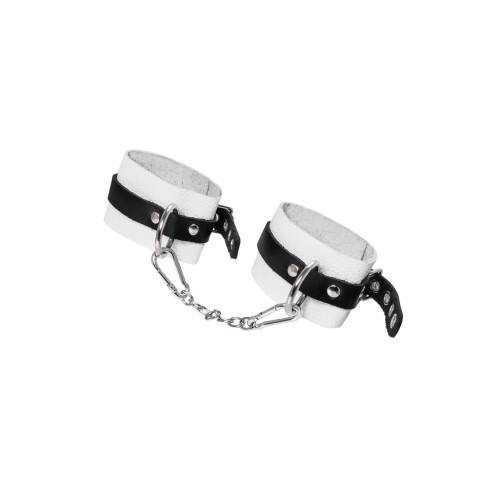 Бело-черные мягкие оковы с одним ремешком и люверсами