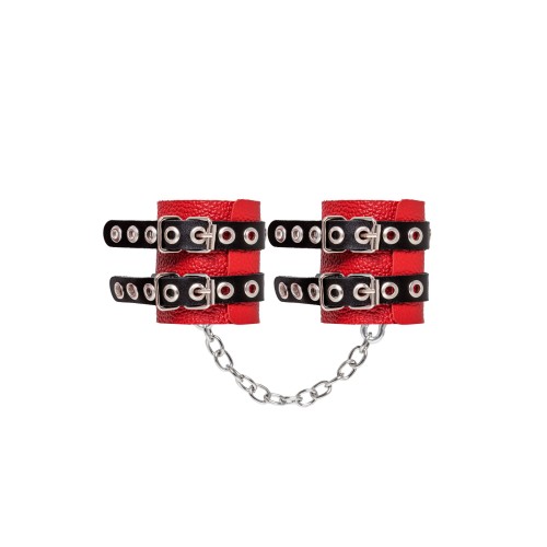 Красно-черные мягкие наручники с двумя ремешками с люверсами