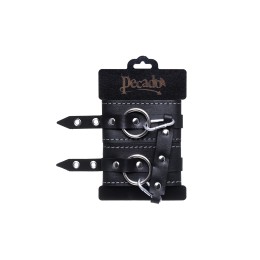 Черные двухслойные кожаные оковы с белой строчкой