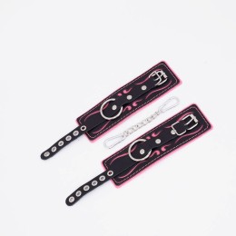Черно-розовые кожаные наручники с розовой строчкой