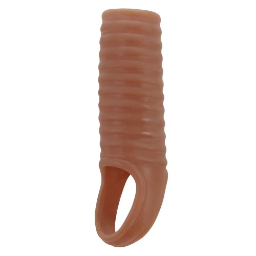 Телесная насадка на пенис с ребрышками и подхватом мошонки