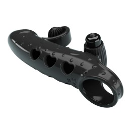 Черная вибронасадка на пенис с подхватом мошонки - 20 см.