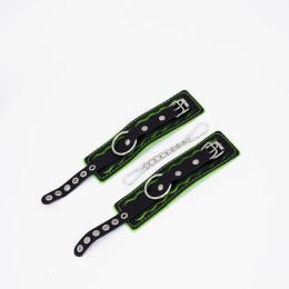 Черно-зеленые кожаные наручники с зеленой строчкой