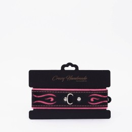 Черно-розовый кожаный ошейник с розовой строчкой