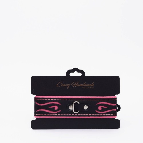 Черно-розовый кожаный ошейник с розовой строчкой