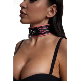 Черно-розовый кожаный ошейник с розовой строчкой