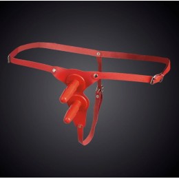 Красные кожаные универсальные трусики с двумя  штырьками для насадок 