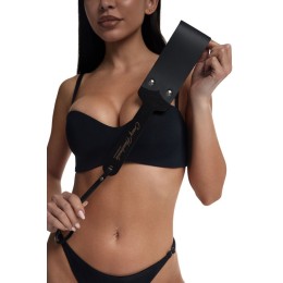 Черный кожаный паддл с деревянной ручкой - 34 см.