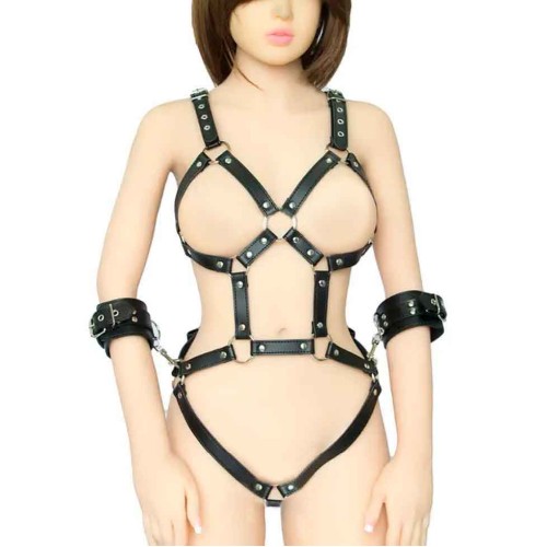 Черное боди-портупея с пристегивающимися наручниками