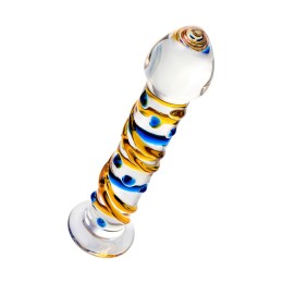 Стеклянный фаллос на подставке с цветными спиралями - 17,5 см.