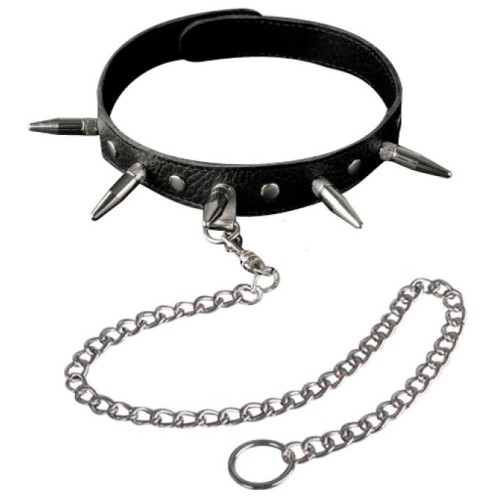 Чёрный кожаный ошейник с шипами и цепочкой