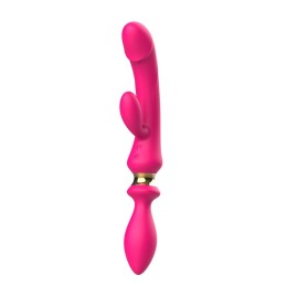 Розовый двусторонний вибромассажёр с клиторальным отростком - 30 см.