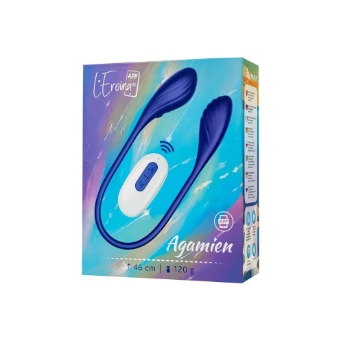 Синий двусторонний вибратор Agamien с управлением через приложение - 46 см.