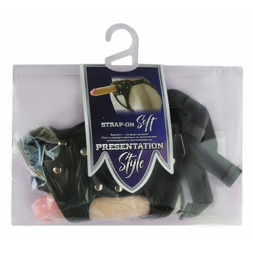 Черный пояс-трусики с двумя телесными насадками Soft-Dolli - 15,7 и 10 см.