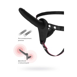 Черный страпон на ремнях с вагинальной пробкой - 15 см.