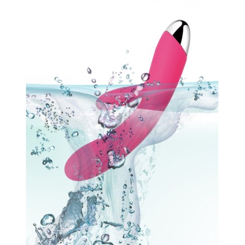 Ярко-розовый вибратор Angel с клиторальным отростком и нагревом - 19 см.