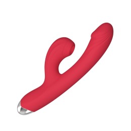 Красный силиконовый вибратор-кролик с вакуумным клиторальным отростком - 20,5 см.