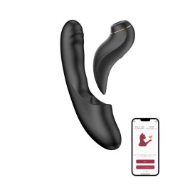 Черный вибратор с возвратно-поступательными движениями и вакуумом Fatima - 19,2 см.