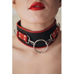 Черно-красный кожаный ошейник с кольцом
