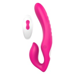 Ярко-розовый безремневой страпон Remote Double Dipper - 22 см.