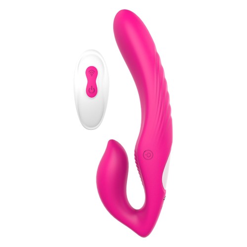 Ярко-розовый безремневой страпон Remote Double Dipper - 22 см.